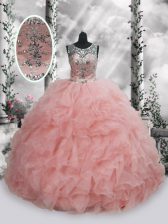  Baby Pink Scoop Neckline Beading and Ruffles Ball Gown Prom Dress Sleeveless Lace Up