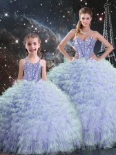  Floor Length Lace Up Quinceanera Dresses Lavender for Military Ball and Sweet 16 and Quinceanera with Beading and Ruffles