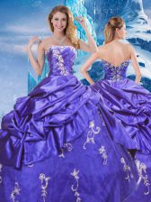  Purple Ball Gowns Taffeta Strapless Sleeveless Appliques and Pick Ups Floor Length Zipper Sweet 16 Quinceanera Dress
