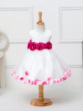 Best Sleeveless Knee Length Appliques and Hand Made Flower Zipper Pageant Gowns For Girls with White