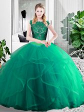  Tulle Scoop Sleeveless Zipper Lace and Ruffles Vestidos de Quinceanera in Turquoise