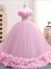 Off The Shoulder Sleeveless Sweet 16 Dress Brush Train Hand Made Flower Baby Pink Tulle