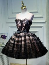Cute Black Sleeveless Mini Length Ruffled Layers and Belt Backless Evening Dress
