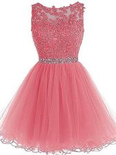 Lovely Pink Prom Dresses Prom and Party and Sweet 16 with Beading and Lace and Appliques and Ruffles Scoop Sleeveless Zipper