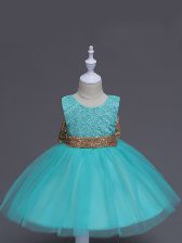  Aqua Blue Sleeveless Knee Length Lace and Bowknot Zipper Little Girls Pageant Dress