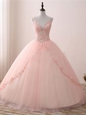  Floor Length Lace Up 15 Quinceanera Dress Pink for Sweet 16 and Quinceanera with Beading and Appliques