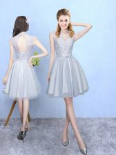  Silver Sleeveless Tulle Lace Up Vestidos de Damas for Wedding Party