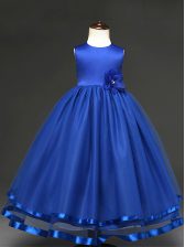 Elegant Hand Made Flower Little Girls Pageant Dress Royal Blue Zipper Sleeveless Floor Length