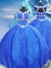 Spectacular Blue V-neck Neckline Beading Sweet 16 Dresses Sleeveless Zipper