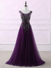  Eggplant Purple Prom Party Dress Tulle Sweep Train Sleeveless Appliques and Embroidery