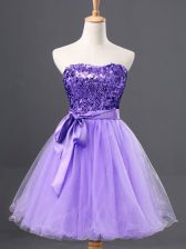 Graceful Lavender Tulle Zipper Evening Dress Sleeveless Mini Length Sequins