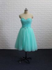 Pretty Apple Green Sleeveless Mini Length Beading Lace Up Prom Evening Gown