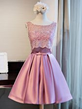 Cute Lilac Lace Up Scoop Lace and Appliques and Belt Homecoming Dress Satin Sleeveless