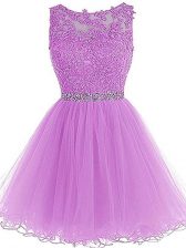 Chic Lilac A-line Scoop Sleeveless Tulle Mini Length Lace Up Beading and Lace and Appliques Prom Evening Gown