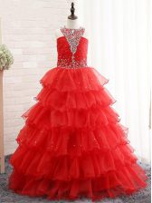  Red Organza Lace Up Halter Top Sleeveless Floor Length Little Girls Pageant Dress Wholesale Beading and Ruffled Layers