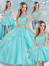 Edgy Aqua Blue Quince Ball Gowns Military Ball and Sweet 16 and Quinceanera with Lace and Sequins Scoop Sleeveless Clasp Handle