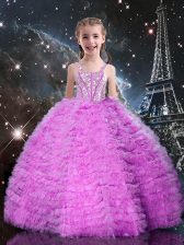  Ball Gowns Girls Pageant Dresses Lilac Straps Tulle Sleeveless Floor Length Lace Up