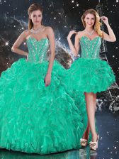 Low Price Turquoise Organza Lace Up Quince Ball Gowns Sleeveless Floor Length Beading and Ruffles