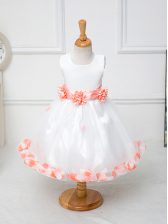 Attractive Tulle Scoop Sleeveless Zipper Appliques and Hand Made Flower Kids Formal Wear in White