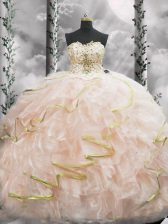  Peach Ball Gowns Organza Sweetheart Sleeveless Beading and Ruffles Lace Up Quinceanera Dresses Brush Train