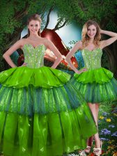 Attractive Olive Green Organza Lace Up 15 Quinceanera Dress Sleeveless Floor Length Beading and Ruffled Layers