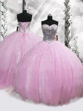 Hot Sale Sweetheart Sleeveless Tulle Quinceanera Gown Beading Brush Train Lace Up