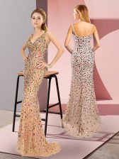 Best Brush Train Mermaid Prom Evening Gown Champagne Straps Tulle Sleeveless Zipper