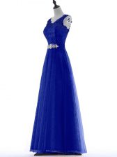  Floor Length Zipper Prom Evening Gown Royal Blue for Prom and Party and Military Ball with Beading and Lace