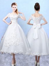 Fashionable A-line Quinceanera Court Dresses White Scoop Tulle Short Sleeves Ankle Length Lace Up