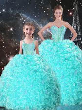  Turquoise Ball Gowns Organza Sweetheart Sleeveless Beading and Ruffles Floor Length Lace Up 15th Birthday Dress