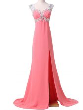  Cap Sleeves Chiffon Brush Train Zipper Prom Dresses in Watermelon Red with Beading and Appliques