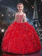  Coral Red Straps Lace Up Beading and Ruffles Kids Pageant Dress Sleeveless