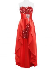 Designer Floor Length Coral Red Prom Dress Elastic Woven Satin Sleeveless Beading and Ruching