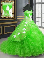 Sexy Green Lace Up Sweetheart Embroidery Quinceanera Dresses Organza Sleeveless Brush Train