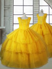 Custom Design Gold Lace Up V-neck Ruffled Layers Child Pageant Dress Organza Sleeveless