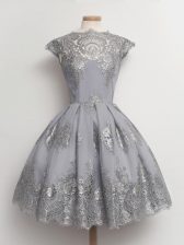 Fantastic Grey Cap Sleeves Lace Tea Length Quinceanera Court of Honor Dress