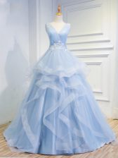Captivating Light Blue Sleeveless Tulle Brush Train Lace Up Prom Evening Gown for Prom and Party