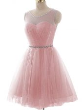  Pink A-line Beading and Ruching Prom Dress Lace Up Tulle Sleeveless Mini Length