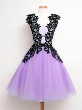 Wonderful Knee Length Lavender Dama Dress for Quinceanera Tulle Sleeveless Lace