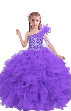 Lilac One Shoulder Lace Up Beading and Ruffles Little Girl Pageant Dress Sleeveless