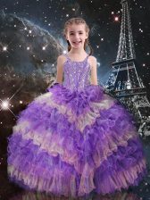 Custom Designed Sleeveless Beading and Ruffled Layers Lace Up Pageant Gowns For Girls