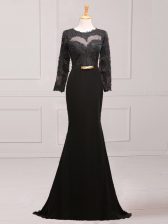 Latest Long Sleeves Chiffon Brush Train Side Zipper Evening Dress in Black with Lace and Appliques and Belt