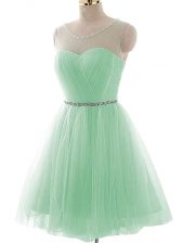 Fashion Apple Green Scoop Lace Up Beading and Ruching Dress for Prom Sleeveless