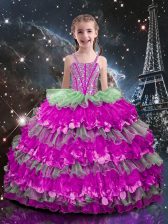  Multi-color Ball Gowns Organza Straps Sleeveless Beading and Ruffled Layers Floor Length Lace Up Little Girl Pageant Gowns