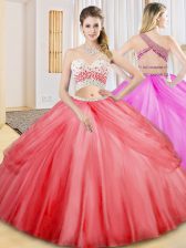 Discount Coral Red One Shoulder Neckline Beading and Ruching and Pick Ups Sweet 16 Dresses Sleeveless Criss Cross