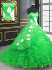  Sweetheart Sleeveless Quinceanera Gown Brush Train Embroidery and Ruffles Green Organza