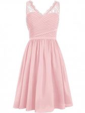 Flare Pink Sleeveless Lace and Ruching Knee Length Quinceanera Court of Honor Dress
