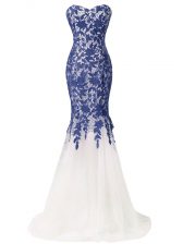 High Class Blue And White Mermaid Sweetheart Sleeveless Tulle Brush Train Lace Up Lace and Appliques Prom Evening Gown