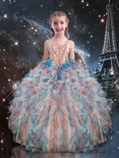 Best Sleeveless Floor Length Beading and Ruffles Lace Up Little Girl Pageant Dress with Multi-color