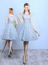  Light Blue A-line Belt Quinceanera Court of Honor Dress Lace Up Printed Sleeveless Knee Length